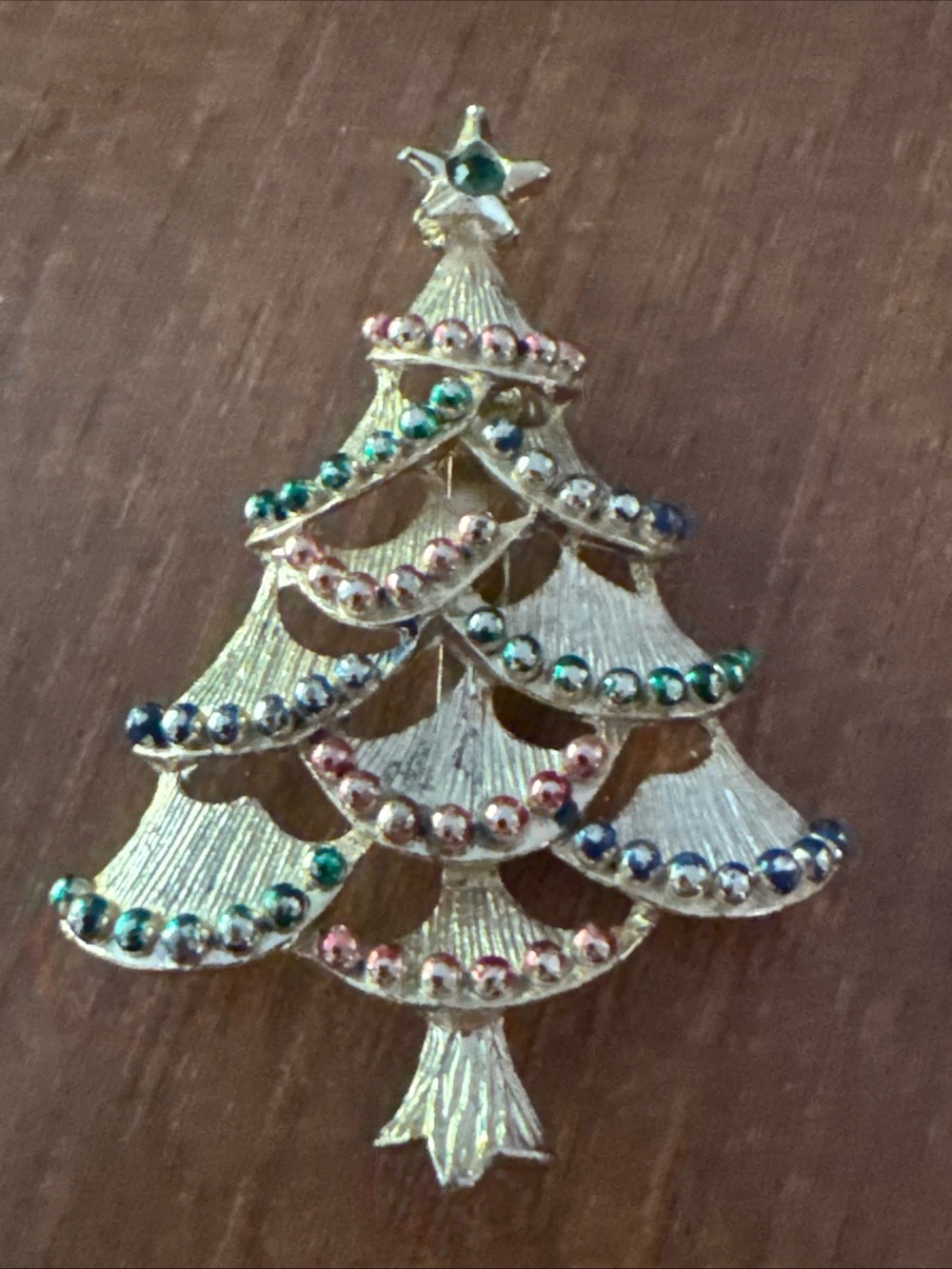 Gold-Tone Christmas Tree Rhinestone Brooch — Multicolor Gems Gerry’s